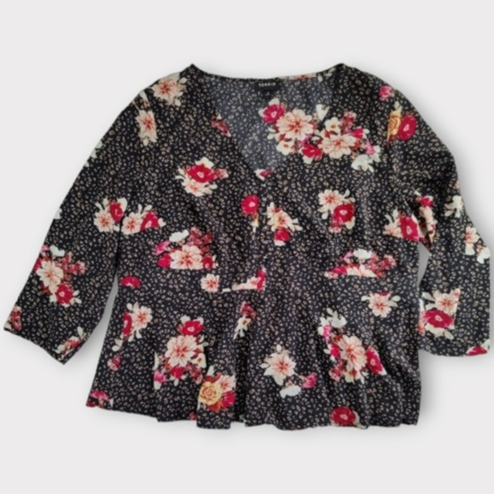 Torrid Babydoll Blouse Womens 1X Black Floral Animal Print 3/4 Sleeve Peplum Top